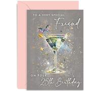 25th Birthday Card for Female Friend - Age 25 Years old - Special Friend Bday Gift - Cocktail Design - Contemporary Present for Her | Blank Inside