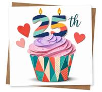 25th Birthday Card for Her, Cupcake, Striped 25 Candles, Hearts | Fun 25th birthday design for her with a bright cupcake illustration, striped number candles and heart details.