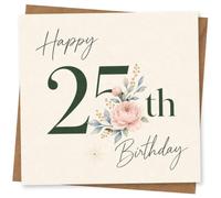 25th Birthday Card for Her, Happy, Pink Florals | Elegant “Happy 25th Birthday” wording with dark green numerals and blush pink floral detail for her 25th.