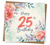 25th Birthday Card for Her, Pink Blooms & Teal Leaves | Celebrate her 25th with flowing script and a border of pink peonies, purple sprigs and soft teal foliage.