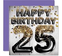 25th Birthday Card for Men, Black & Gold Glitter Balloons