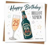 25th Birthday Card for Nephew, Beer Bottle & Star Confetti | Raise a glass to your Nephew’s 25th with a real ale bottle, bubbly flute, colourful stars and Happy Birthday text.