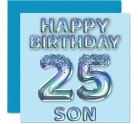 25th Birthday Card for Son - Blue Glitter Party Balloons - Happy Birthday Cards for 25 Year Old Son from Mum Dad Parents, 145mm Bday Greeting Cards Gift