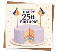 25th Birthday Card, Playful Cake, Bunting & Bold Message