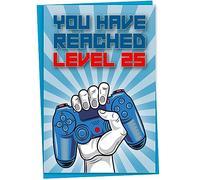 25th Birthday Card, You Have Reached Level 25, Greeting Card for Twenty-Five Year Old Gamer Birthday Gift for Adult Son or Daughter, For Him Her Grandson Granddaughter, Blue