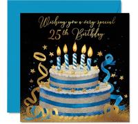 25th Birthday Cards for Men Women - Gold & Silver Cake - Happy Birthday Card for 25 Year Old Man Woman Auntie Colleague Brother Friend, 145mm Bday Greeting Cards