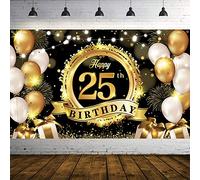 25th Birthday Decorations Black Gold, 25th Backdrop Banner Background Photo Booth Sign, 185×110cm Extra Large Twenty-five Birthday Banner for Men 25th Birthday Anniversary Party Decor Supplies