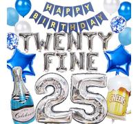25th Birthday Decorations, Blue Silver Twenty Fine Birthday Decoration Number 25 Balloon Bottle Beer Mug Star Foil Balloons Supplies for Funny 25 Years Old Anniversary Men Women(Silver)