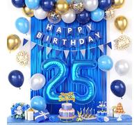 25th Birthday Decorations, Dark Happy Birthday Party Decorations With Number 25 Balloons Metallic Gold Pearl White Light Blue Fringe Curtain Banner Cake Topper For Man Woman Party Supplies