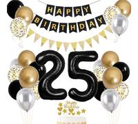 25th Birthday Decorations - Foil Balloons, Banner, Cake Topper & More in Black, Gold & Silver