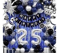 25th Birthday Decorations for Men and Women, Black Blue Silver Happy Birthday Number 25 Balloons, Banner, Fringe Curtains Garland Kit - 25 Year Old Party Supplies