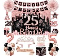 25th Birthday Decorations for Women, Rose Gold 25th Birthday Party Kits | 32pcs Happy 25 Years Old Party Decorations Set, Backdrop, Crown, Sash, Banner, Cake Topper, Balloons, Card, Paper Fans
