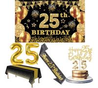 25th Birthday Decorations Men Women with 25th Birthday Banner, Black and Gold Table Cloth, Number Balloons, Large Sash, Cake Topper and Candles