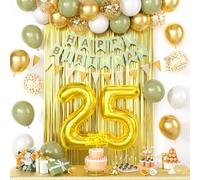25th Birthday Decorations, Sage Green And Gold Happy Birthday Party Decorations With Number 25 Balloons Olive Green Gold Confetti Balloons Fringe Curtain Banner Cake Topper For 25th Party Supplies