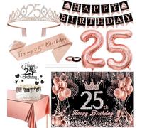 25th Birthday Party Decorations Kit for Women - Black Rose Gold Supplies with Banner, Backdrop, Cake Topper, Tablecloth, Glitter Crown, Sash, 25 Number Balloons