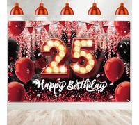 25th Happy Birthday Banner Red Glitter Sequin Balloon Banner Backdrop for Man Woman Gift Sign Birthday Party Decorations Photo Booth Background Props Decor