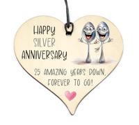 25th Silver Anniversary - Wooden Heart Hanging Plaque, Happy 25 Year Anniversary Decoration, Romantic Keepsake for Husband, Wife, Couples - Funny Cute Silver Spoons Wedding Design #1927