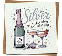 25th Silver Wedding Anniversary Card - 145mm x 145mm Square Greeting Card with Kraft Envelope, Champagne and Hearts Design, for Husband Wife Couples