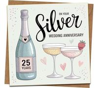 25th Silver Wedding Anniversary Card, 145mm x 145mm, with Kraft Envelope, Champagne Bottle & Glasses Design, Celebration Greeting Card for Husband, Wife or Couple
