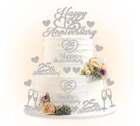 25th Silver Wedding Anniversary Decorations - Happy 25 Anniversary Cake Topper Glitter Heart Cupcake Toppers 25th Anniversary Party Decorations 25 Years Company Celebration Supplies