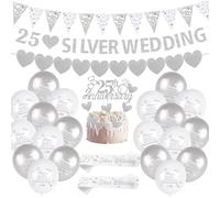 25th Wedding Anniversary Decorations 25 Silver Wedding Banner Bunting Happy 25th Anniversary Balloons CakeToppe Satin Sash for 25