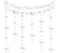 25th Wedding Anniversary Decorations Set - Happy Silver Wedding Banner With Diamond and Number 25 Bunting, Glitter Hearts Garland 25th Silver Wedding Anniversary Party Supplies