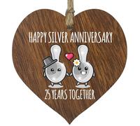 25th Wedding Anniversary Plaque Gift for Husband Wife - 25 Years Together - Happy Silver Anniversary Wooden Heart for Women Men Partner, Dark Wood Sign Keepsake Gifts