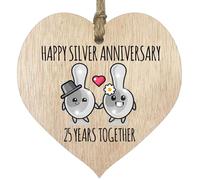 25th Wedding Anniversary Plaque Gift for Husband Wife - 25 Years Together - Happy Silver Anniversary Wooden Heart for Women Men Partner, Light Wood Sign Keepsake Gifts