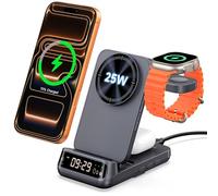 25W 3 in 1 Wireless Charger Stand Compatible with MagSafe, Foldable Travel Magnetic Charging Station with Clock for iPhone 17/16/15 Series, Apple Watch, Air Pods, SwanScout 708M-25W