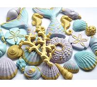 25x Edible Mermaid Tail, Seashells, Coral & Seahorse - Fondant Cake Topper Decoration; colours: Light Purple, Teal and Gold