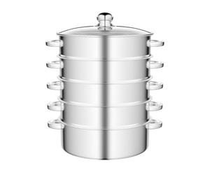 26/28/30 cm Stainless Steel Steamer 5 Tiers Vegetable Steamer Silver Saucepan Steamer Suitable for Induction Cookers Gas Stoves Electric Ceramic Stoves for Steaming Food (Silver, 28 cm)