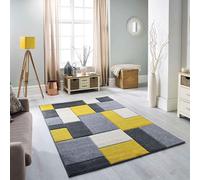 (26. 8425I Box - Yellow / Grey, 80 x 150 cm) Modern Geometric Floral Abstract Area Rugs Check Multi Coloured Non Slip Runner