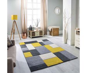 (26. 8425I Box - Yellow / Grey, 80 x 150 cm) Modern Geometric Floral Abstract Area Rugs Check Multi Coloured Non Slip Runner
