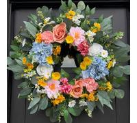 26" Artificial Spring Wreath for Front Door - Large Silk Hydrangea Daisy Rose Mixed Floral Wreath - Farmhouse Porch Wall Decor, Easter Mother's Day Decoration (Multicolor)