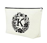 26 Capital Alphabet with Floral Makeup Bag Initial Letter Gift A-Z Zipper Pouch Monogram Personalized Letter Cosmetic Bag Wedding Graduation Christmas Birthday Gifts for Teacher Friend Bridesmaids (K)