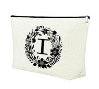 26 Capital Alphabet with Floral Makeup Bag Initial Letter Gift A-Z Zipper Pouch Monogram Personalized Letter Cosmetic Bag Wedding Graduation Christmas Birthday Gifts for Teacher Friend Bridesmaids (I)