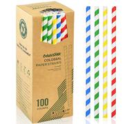 26 cm Extra Long 10 mm Wide Large Disposable Paper Drinking Straws for Thick Smoothies, Milkshakes - Colourful Stripes, Pack of 100, 100% Biodegradable