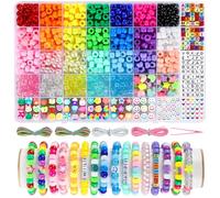 26 Colors Pony Beads, Funtopia 1042 Pcs Kandi Beads for Bracelet Making, 200 Letter Bead, Assorted Clay Bead Charms Jewellery Making Kit, 4 Rolls Elastic Strings & Tweezers, DIY Crafts for Kids Adults