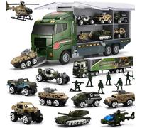26-in-1 Military Carrier Truck with Soldier Figures & Mini Die-Cast Vehicles, Army Transport Toy with Helicopters, Tanks & Battle Cars, Gift for Kids Boys Girls Birthday Party Christmas