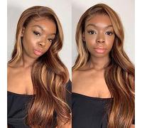 26 Inch 4/27 Brown Highlight Ombre Lace Front Wig Human Hair 180 Density Full Front Glueless HD Transparent Honey Blonde Wavy Lace Front Wig for Women Pre Plucked with