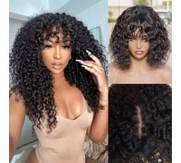 26 Inch Afro Kinky Curly Human Hair Wig with Bang 2x1 Curly Lace Front Wig Human Hair Fringe for Black Women Wear and Go Glueless