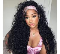 26 inch Curly Headband Human Hair Wig Water Wave Wigs for Black Women No Lace Front Glueless Brazilian Virgin Wear and Go Curly Half Wig