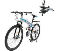 26 Inch Folding Mountain Bike, 21-Speed Transmission Foldable Mountain Bicycle with Dual Disc Brakes, High-carbon Steel Frame Bike with Mudguard & Cup Holder, 80-95cm Adjustable Soft Seat Height