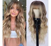 26 Inch Long Curly Wig gradient color Wig,with Bangs, Heat Resistant Fiber Wig,Middle Part Curly Wavy Wig,for Women Daily Party Cosplay Use.