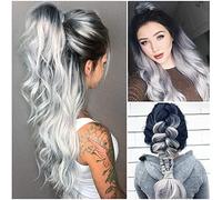 26 Inch Long Silver Wigs for Women Natural Hair Synthetic Wig Silver Ombre with Dark Roots Synthetic Wig Loose Wavy Heat Resistant Wigs
