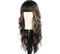 26 inch Long Wave Wigs with Bangs,Curly Wigs for Women Heat Resistant Synthetic Wig(Brown Highlight)