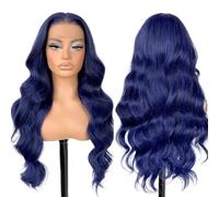 26 Inch Long Wavy Lace Wigs Hairline Middle Part Synthetic Wig for Daily Party(Dark blue)