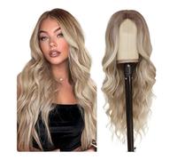 26 Inch Long Wavy Wig Glueless Middle Part Curly Synthetic Lace Wig for Cosplay Daily Use Adds Volume(Ombre Dirty Blonde)