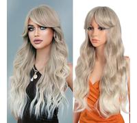 26 Inch Long Wavy Wigs for Women Black Wig with Bangs Ombre Brown Wig with Dark Roots Long Layered Wig Heat Resistant Synthetic Wig Natural Looking Wigs for Daily Party Use(T-LINEN(62)