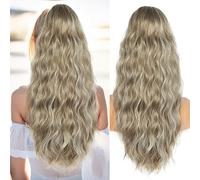 26 Inch Ponytail Extension, Natural Drawstring Ponytail Extension, Long Wavy Hair Extensions, Synthetic Hair Pieces for Women, Soft Ponytail Hair Extension (Warm Ash Blonde Highlights Bleach Blonde)